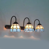 Tiffany Blue/Yellow Glass Wall Light Fixture With Grid Pattern 3 Heads And Curve Arm Blue