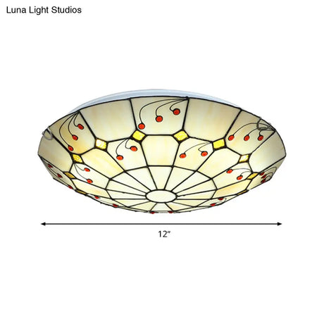 Tiffany Bowl Flush Light Fixture - Led Stained Glass Ceiling Mounted Lighting In Beige For Living