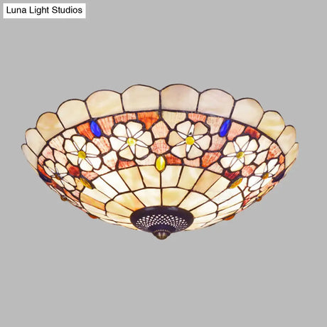 Tiffany Bowl Shell Ceiling Lamp With Blossom Pattern - 12’/21’ Dia 3/4 - Light Flush Mount Beige