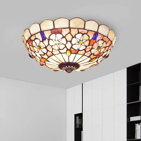 Tiffany Bowl Shell Ceiling Lamp With Blossom Pattern - 12’/21’ Dia 3/4 - Light Flush Mount