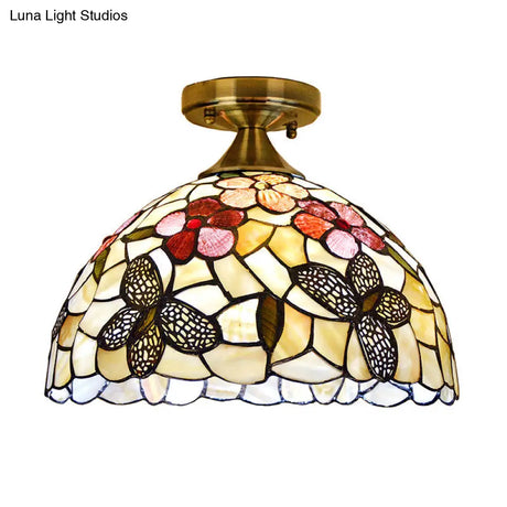 Tiffany Brass Flush Mount Kitchen Ceiling Light With Flower - Butterfly Shell Shade