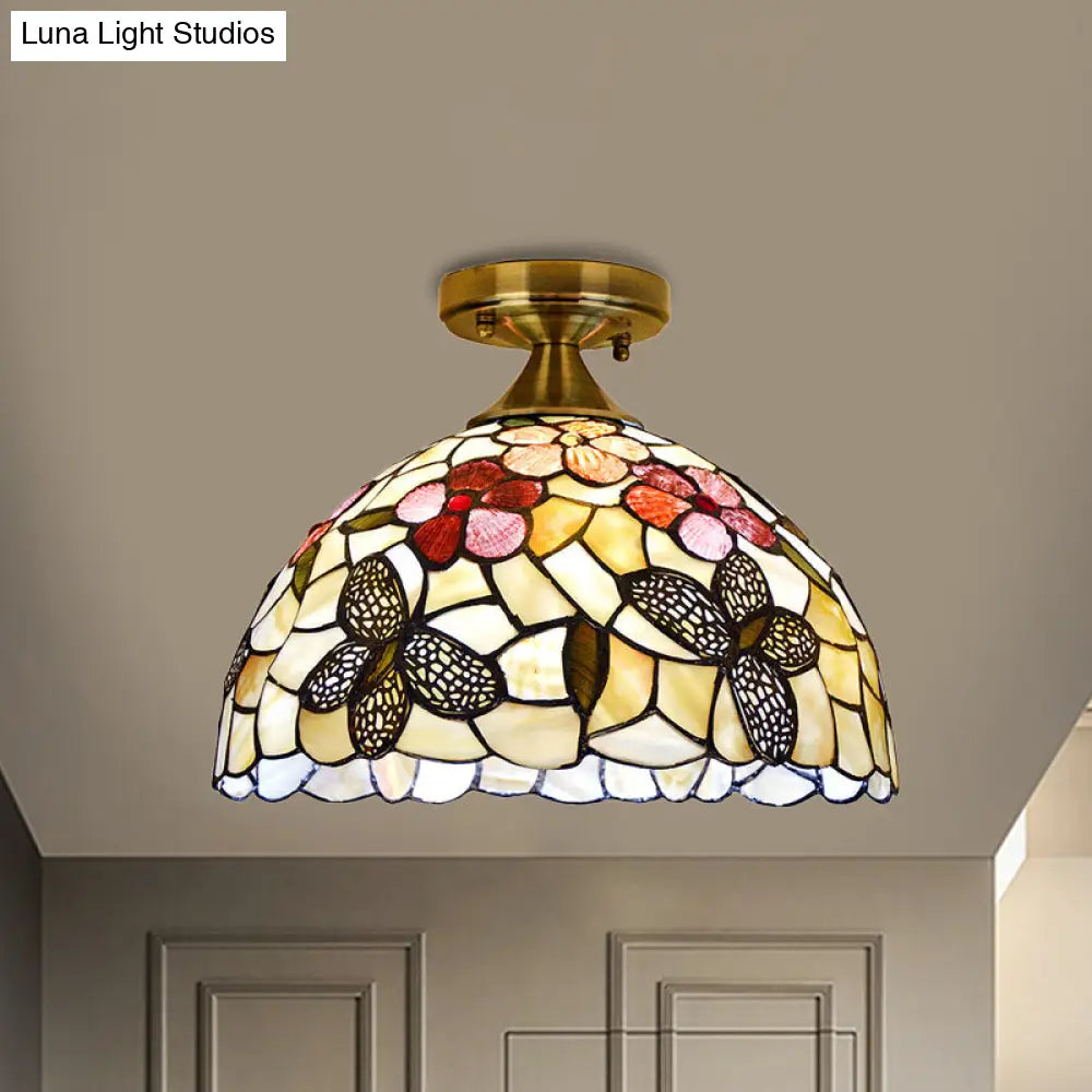 Tiffany Brass Flush Mount Kitchen Ceiling Light With Flower-Butterfly Shell Shade