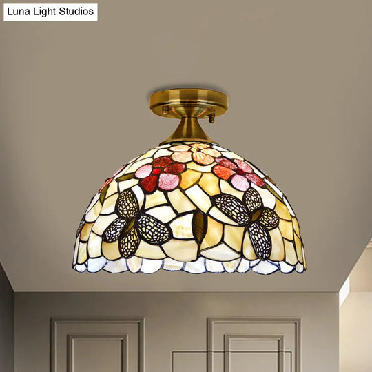 Tiffany Brass Flush Mount Kitchen Ceiling Light With Flower-Butterfly Shell Shade