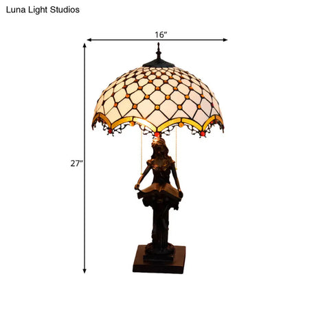 Tiffany Bronze 2-Light Reading Girl Table Lamp With Pull Chain Bird Blue-Brown Glass Shade