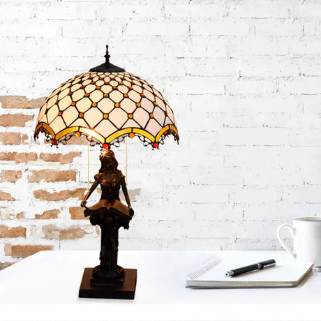 Tiffany Bronze 2-Light Reading Girl Table Lamp With Pull Chain Bird Blue-Brown Glass Shade
