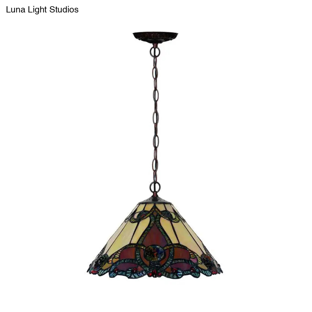 Bronze Tiffany Kitchen Pendant Lamp With Red Stained Glass Shade