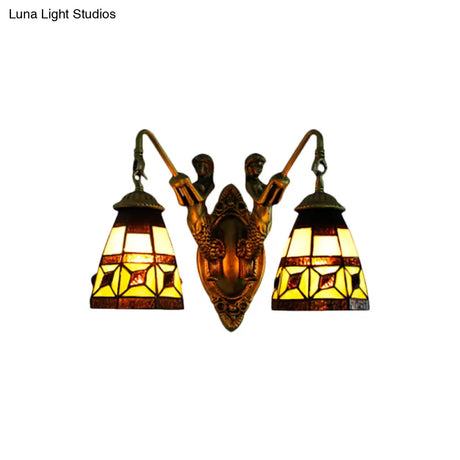 Tiffany Cone Beige Glass Wall Sconce - Antique Brass Finish Dual-Headed Lighting Fixture