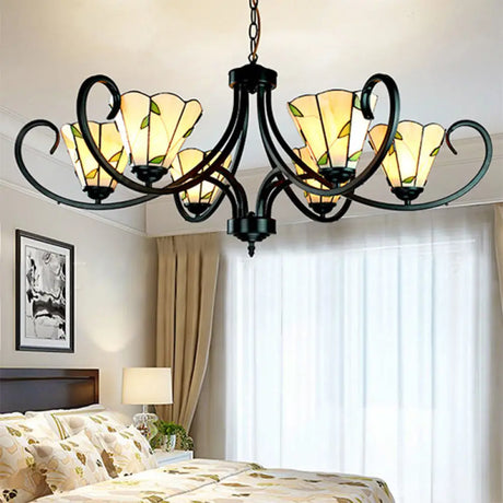Tiffany Cone Chandelier Lamp With Stained Glass And Beige Shade For Bedroom - 5/6/8 Heads 6 /