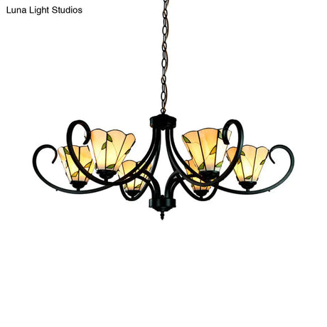 Tiffany Cone Chandelier Lamp With Stained Glass And Beige Shade For Bedroom - 5/6/8 Heads