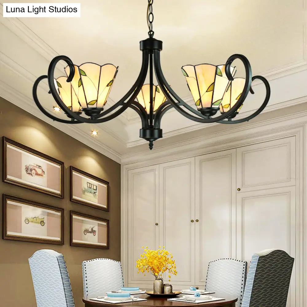 Tiffany Cone Chandelier Lamp With Stained Glass And Beige Shade For Bedroom - 5/6/8 Heads