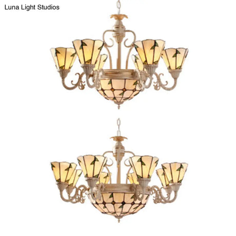 Tiffany Cone Pendant Light - 9/11 Lights Beige Stained Glass Chandelier With Leaf Pattern
