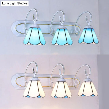Tiffany Cone White/Blue Glass Vanity Sconce Light - 3-Head Wall Mount For Bathrooms