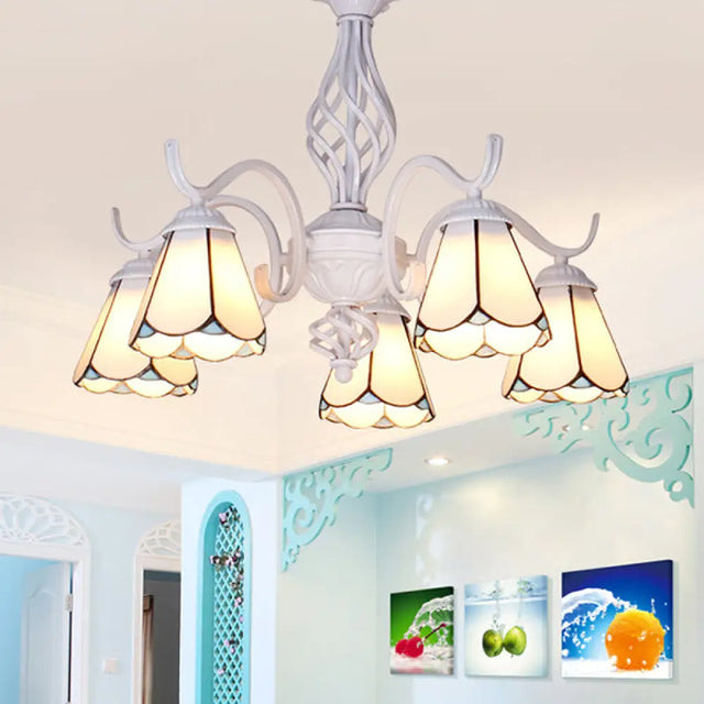 Tiffany Conical Shade Pendant Light With 5 Stained Glass Lights In White/Blue For Living Room White