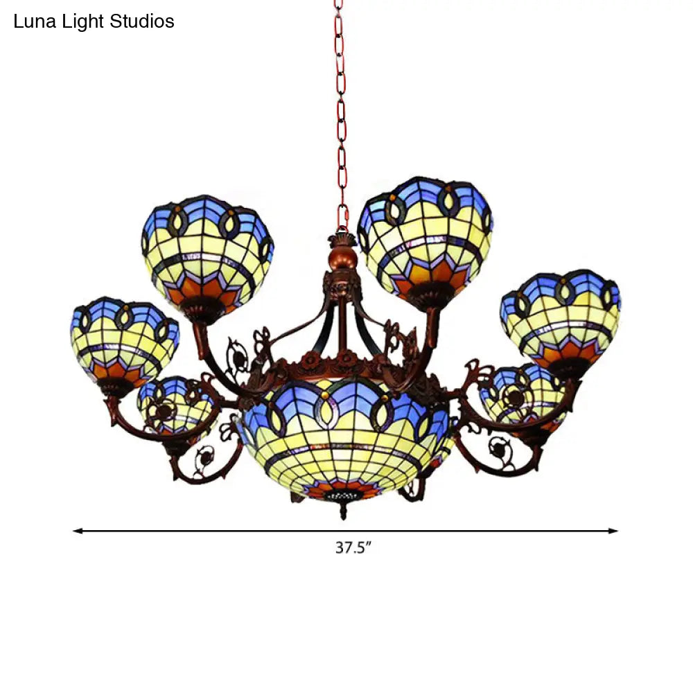 Tiffany 7/9 Heads Chandelier Light With Copper Finish And Bowl Glass Shade In Blue/Yellow