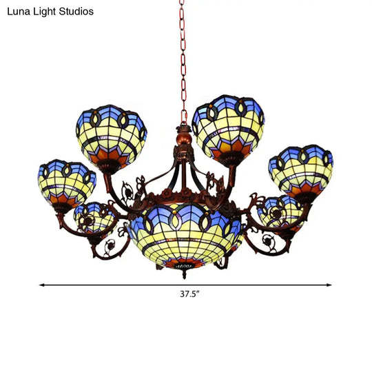 Tiffany 7/9 Heads Chandelier Light With Copper Finish And Bowl Glass Shade In Blue/Yellow
