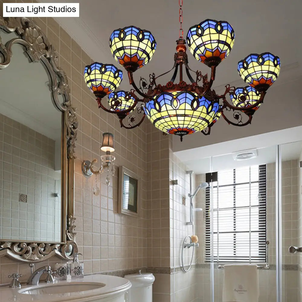 Tiffany 7/9 Heads Chandelier Light With Copper Finish And Bowl Glass Shade In Blue/Yellow 9 /