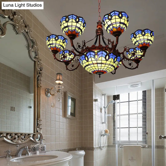 Tiffany 7/9 Heads Chandelier Light With Copper Finish And Bowl Glass Shade In Blue/Yellow 9 /