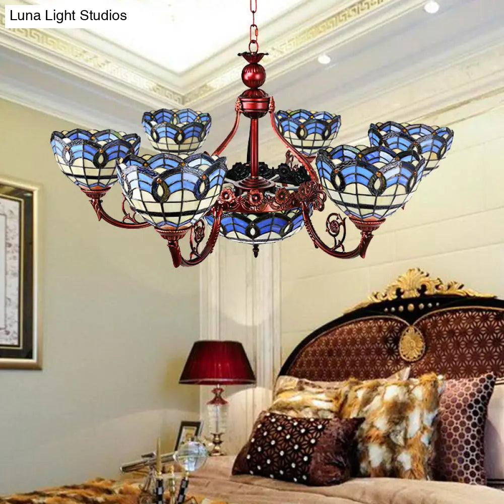 Tiffany 7/9 Heads Chandelier Light With Copper Finish And Bowl Glass Shade In Blue/Yellow 7 /