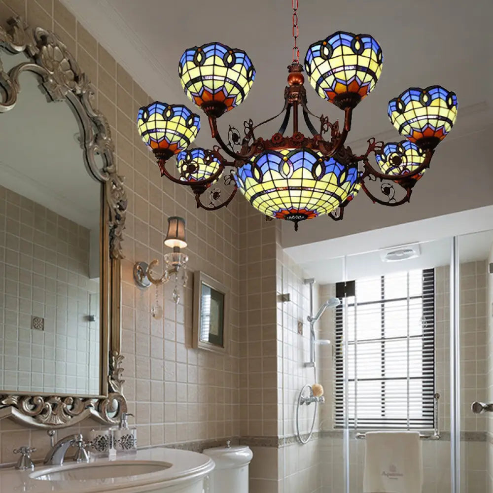 Tiffany Copper Finish Chandelier Light With Suspended Bowl Glass Shades & 7/9 Heads In Blue/Yellow