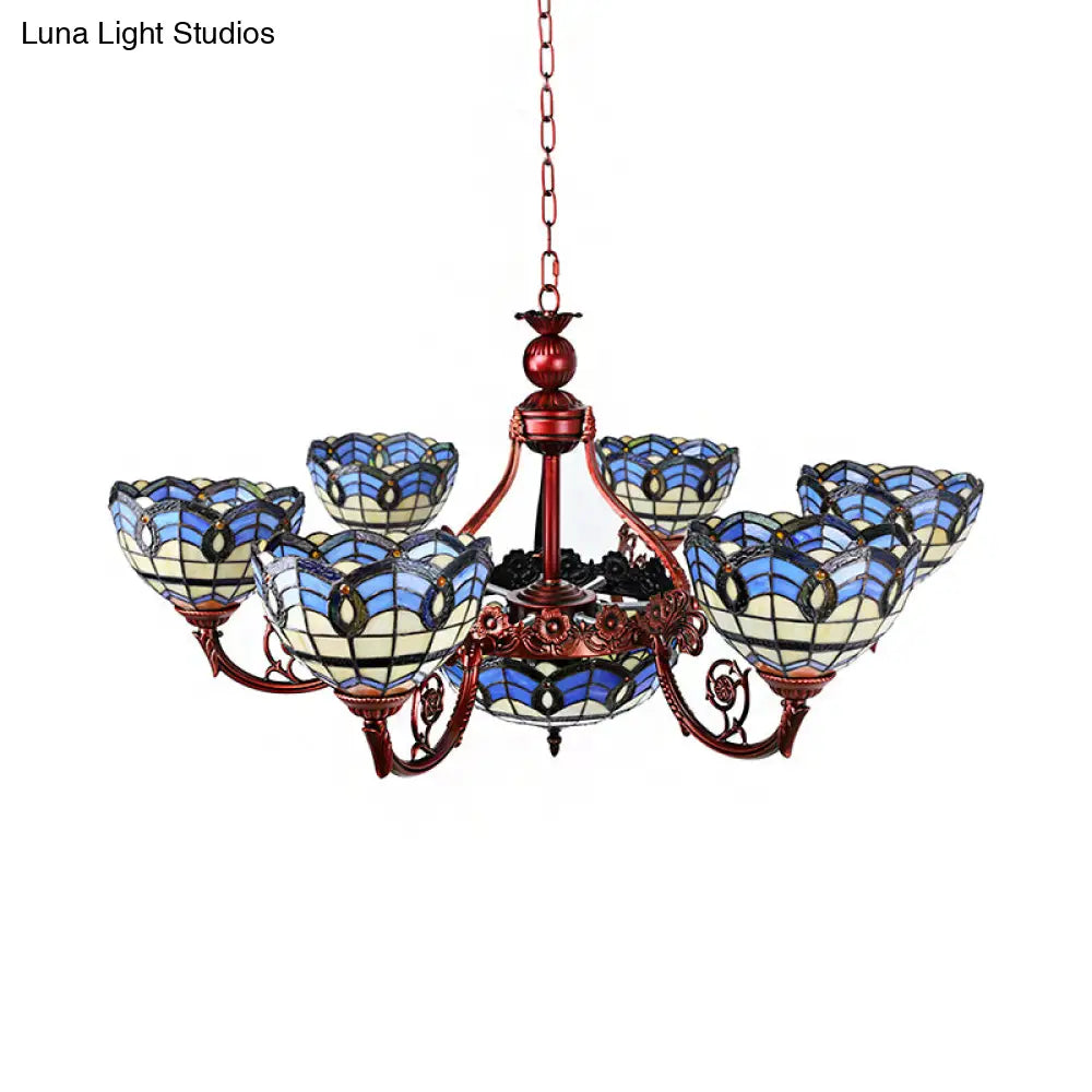 Tiffany Copper Finish Chandelier Light With Suspended Bowl Glass Shades & 7/9 Heads In Blue/Yellow