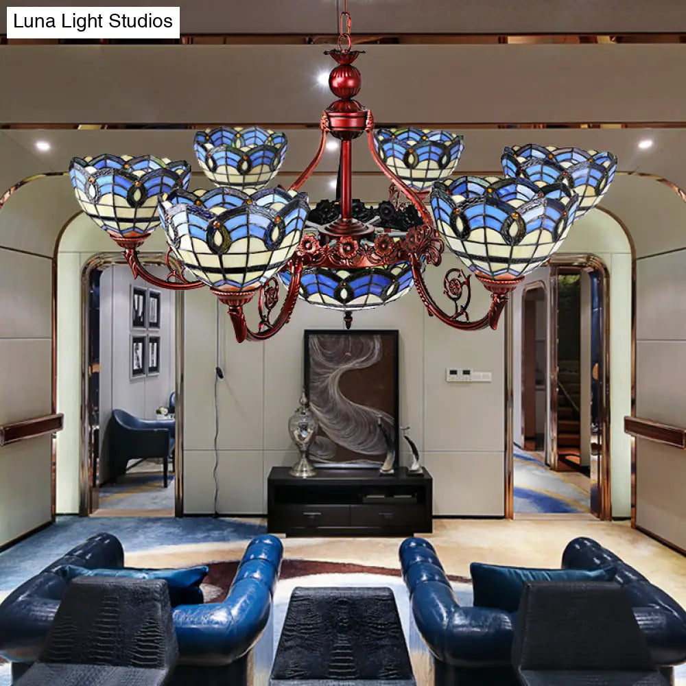 Tiffany Copper Finish Chandelier Light With Suspended Bowl Glass Shades & 7/9 Heads In Blue/Yellow