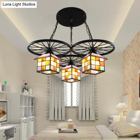 Tiffany Stained Glass Chandelier With Wheel House Design - Creative Suspension Light For Hotels