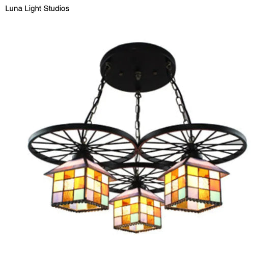 Tiffany Creative Suspension Light: Wheel House Stained Glass Chandelier (3 Lights) - Ideal For