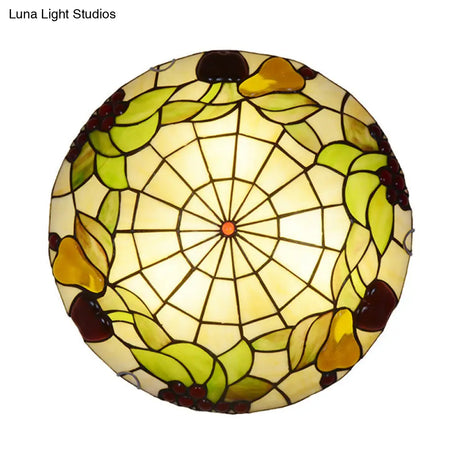 Tiffany Cut Glass Flush Mount Ceiling Lamp With Fruit Pattern In Green