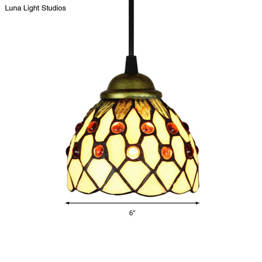 Tiffany Cut Glass Domed Hanging Light Fixture - 1 Suspension Pendant For Bedroom Beige/Light