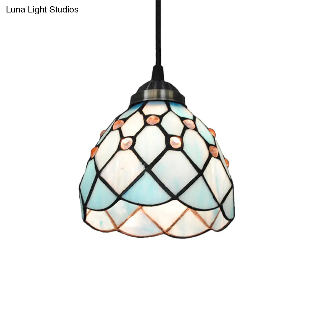 Tiffany Cut Glass Domed Hanging Light Fixture - 1 Suspension Pendant For Bedroom Beige/Light
