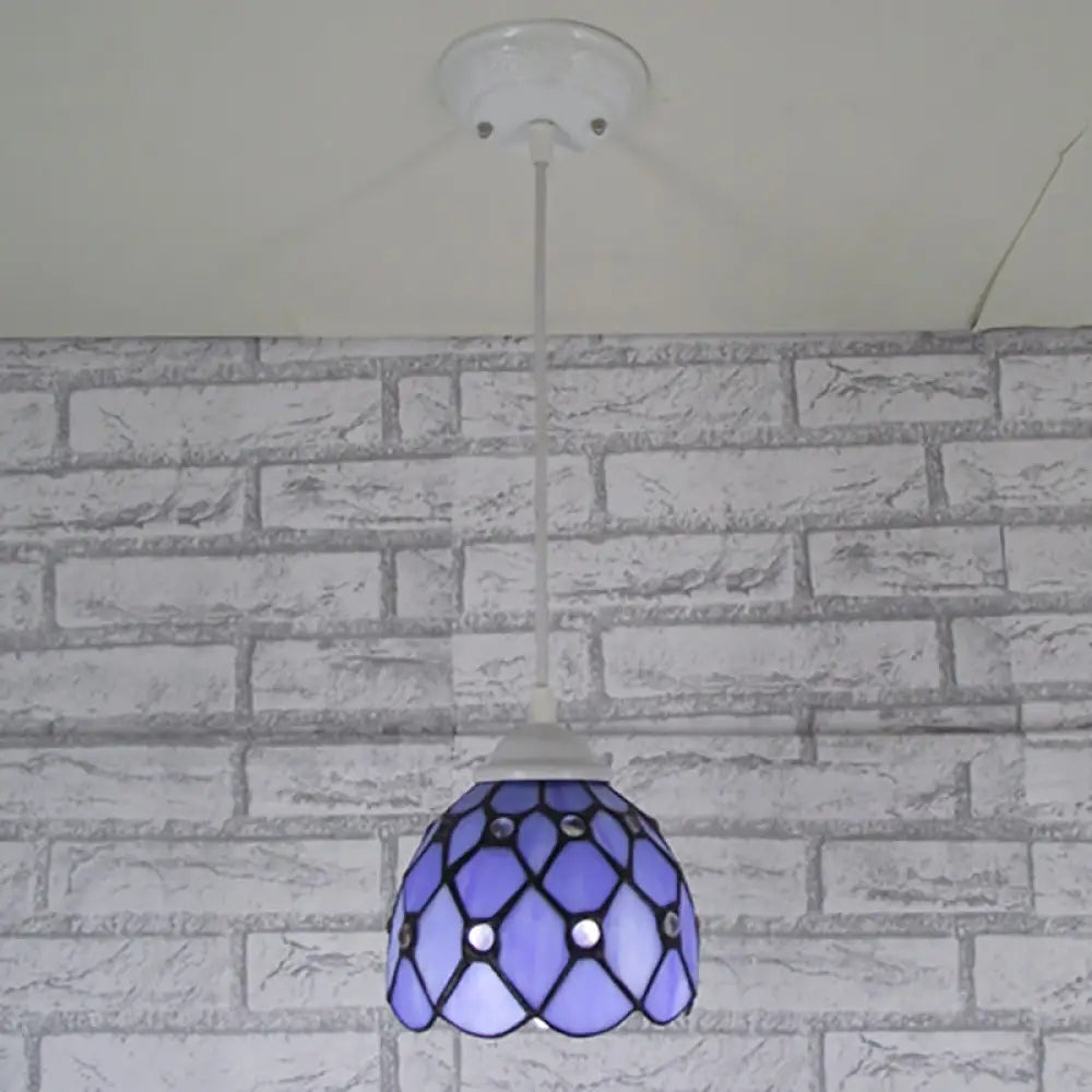 Tiffany Cut Glass Hanging Light Fixture For Bedroom - Beige/Light Blue/Dark Blue Dark