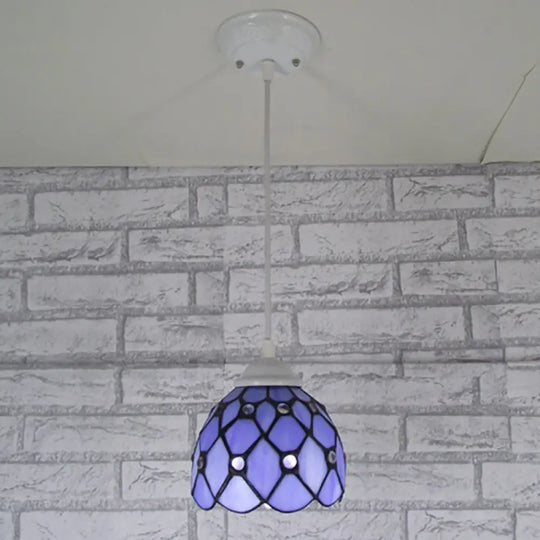 Tiffany Cut Glass Hanging Light Fixture For Bedroom - Beige/Light Blue/Dark Blue Dark