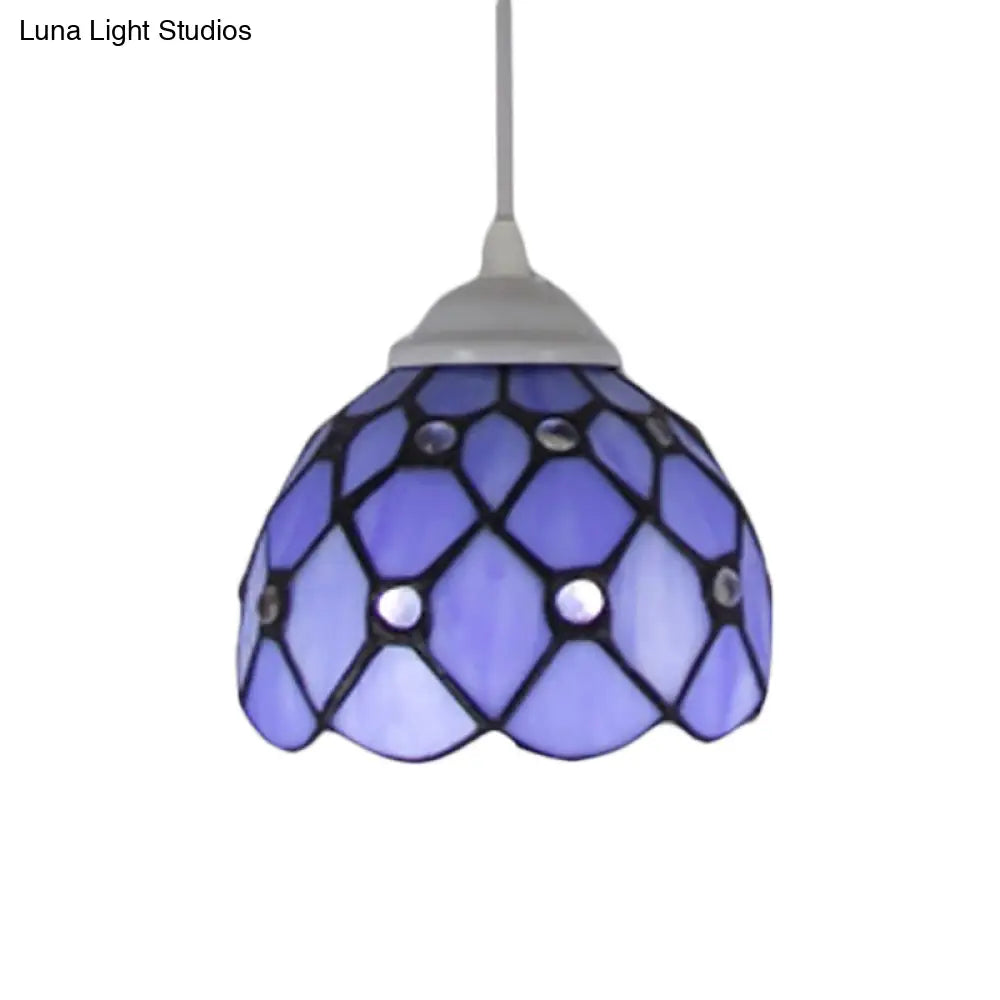 Tiffany Cut Glass Hanging Light Fixture For Bedroom - Beige/Light Blue/Dark Blue