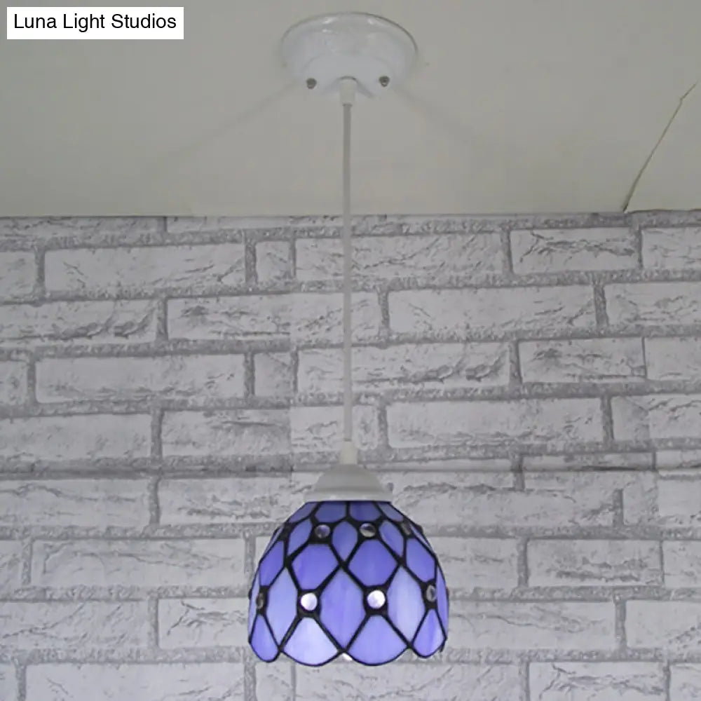 Tiffany Cut Glass Domed Hanging Light Fixture - 1 Suspension Pendant For Bedroom Beige/Light