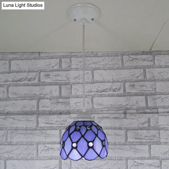 Tiffany Cut Glass Domed Hanging Light Fixture - 1 Suspension Pendant For Bedroom Beige/Light