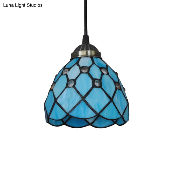 Tiffany Cut Glass Domed Hanging Light Fixture - 1 Suspension Pendant For Bedroom Beige/Light