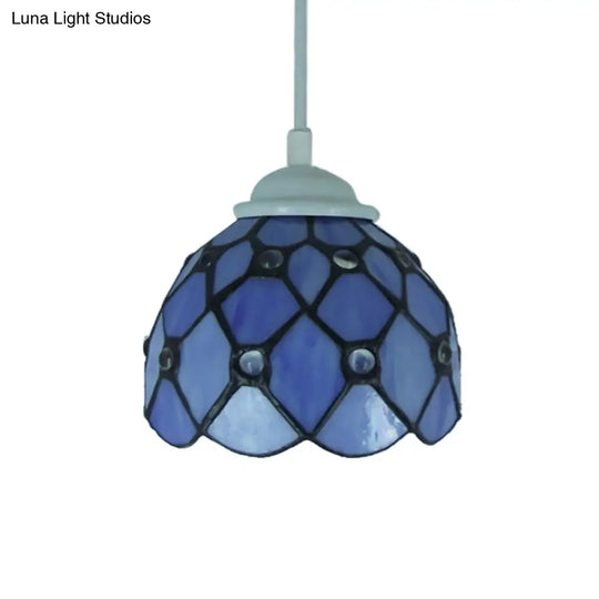 Tiffany Cut Glass Hanging Light Fixture For Bedroom - Beige/Light Blue/Dark Blue