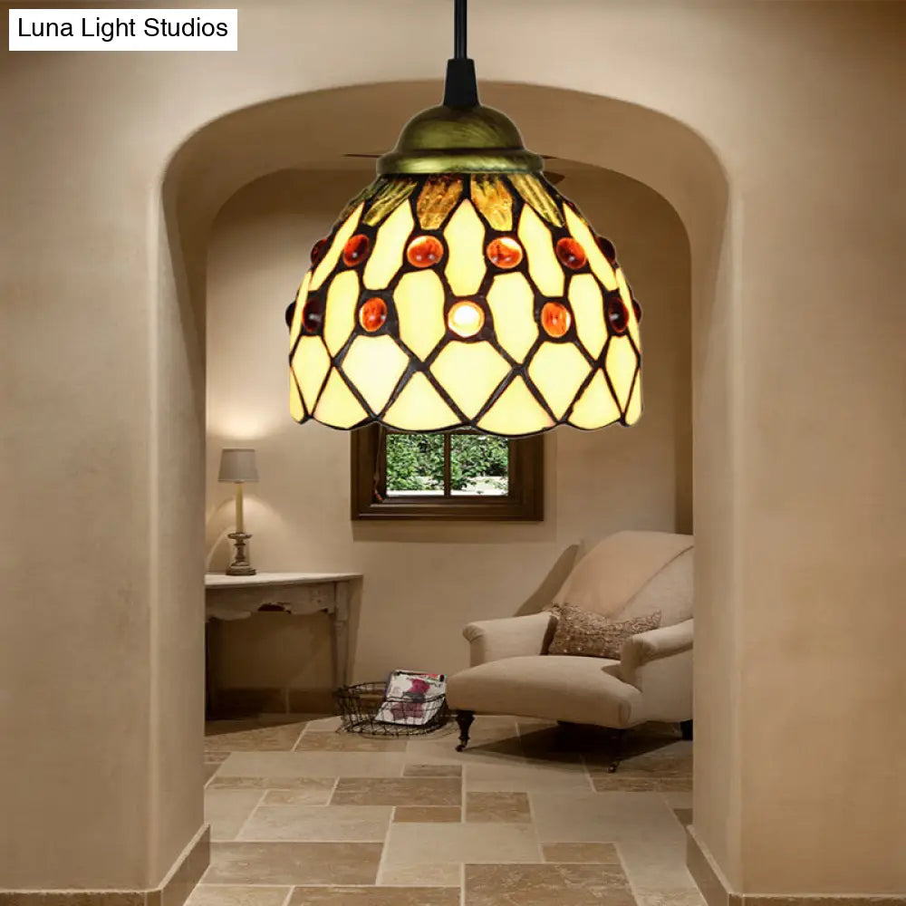 Tiffany Cut Glass Domed Hanging Light Fixture - 1 Suspension Pendant For Bedroom Beige/Light