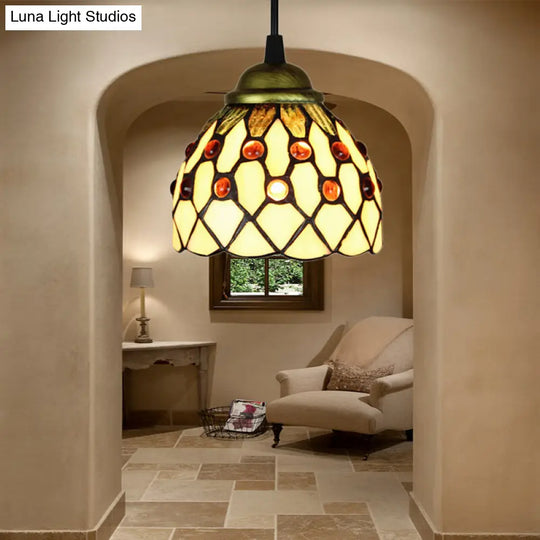 Tiffany Cut Glass Domed Hanging Light Fixture - 1 Suspension Pendant For Bedroom Beige/Light