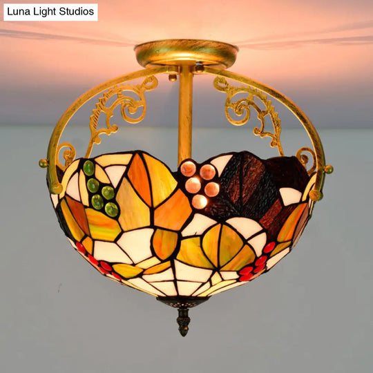 Tiffany Cut Glass Semi-Flush Ceiling Light With Brass Finish For Bedrooms - 2/3 Lights