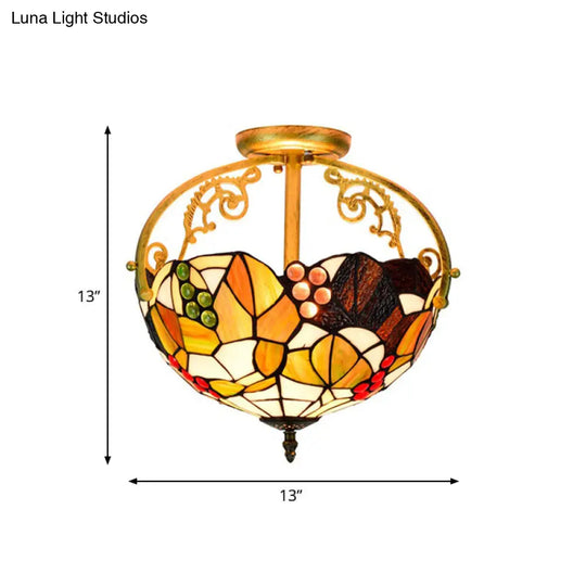 Tiffany Cut Glass Semi-Flush Ceiling Light With Brass Finish For Bedrooms - 2/3 Lights
