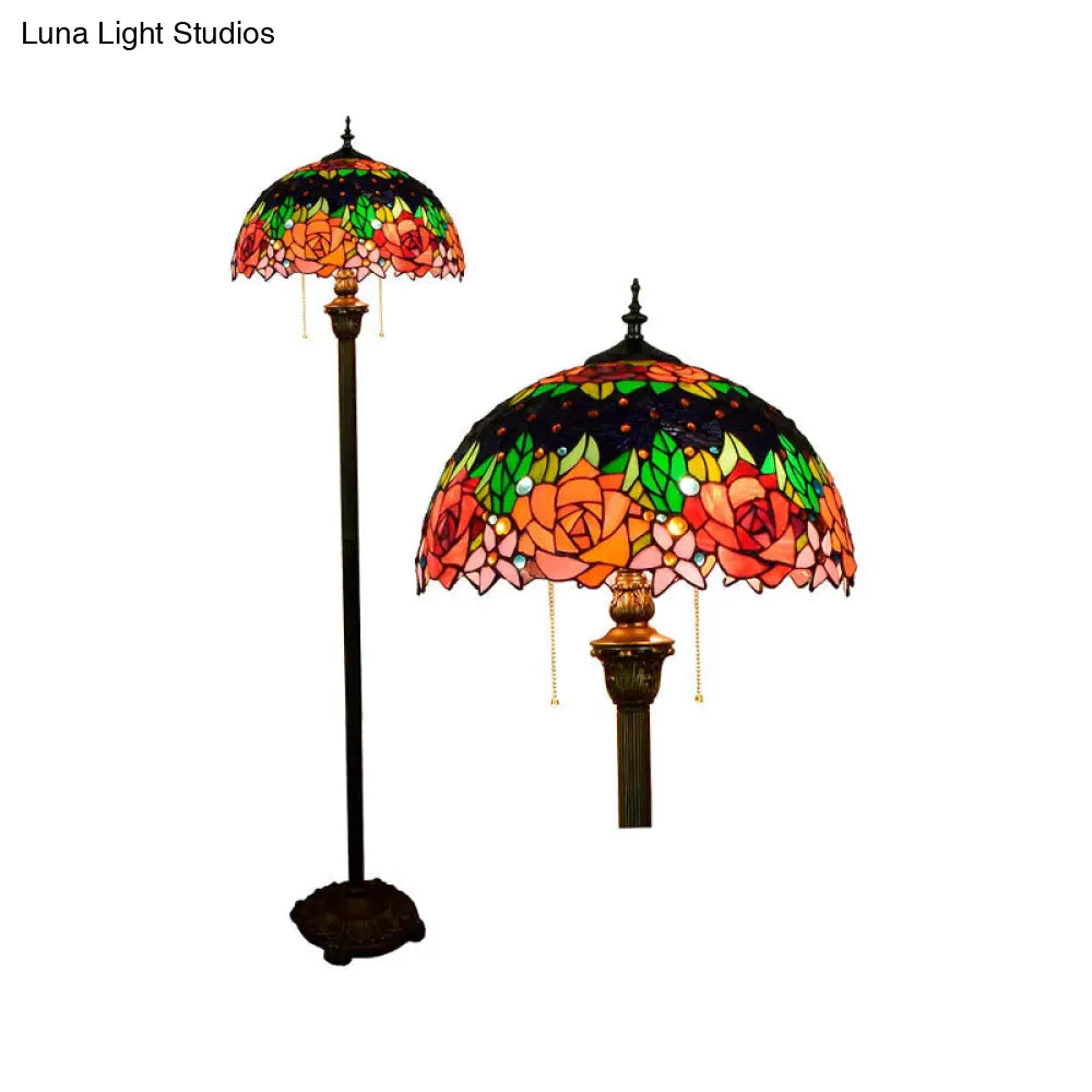 Tiffany Dome Shade Floor Lamp - Handcrafted Glass Pull Chain 2 Bulbs