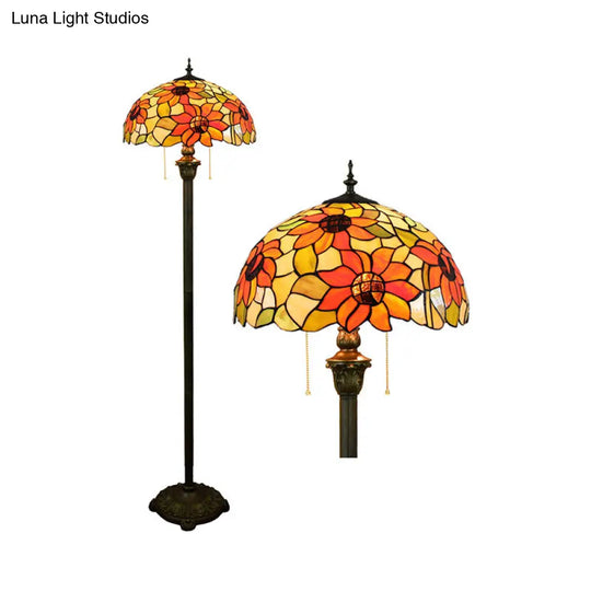 Tiffany Dome Shade Floor Lamp - Handcrafted Glass Pull Chain 2 Bulbs