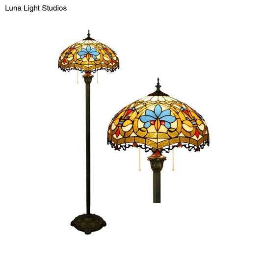 Tiffany Dome Shade Floor Lamp - Handcrafted Glass Pull Chain 2 Bulbs