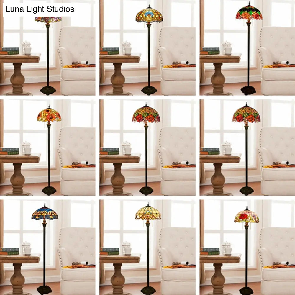 Tiffany Dome Shade Floor Lamp - Handcrafted Glass Pull Chain 2 Bulbs