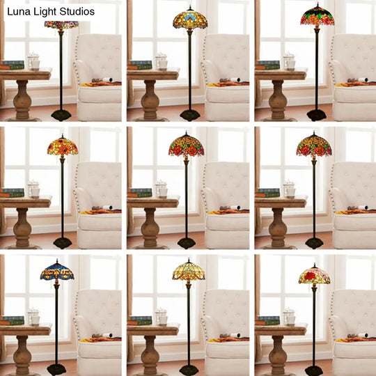 Tiffany Dome Shade Floor Lamp - Handcrafted Glass Pull Chain 2 Bulbs