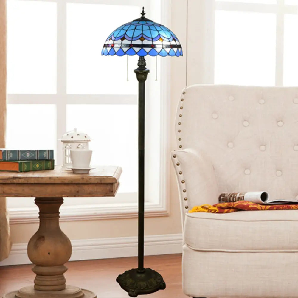 Tiffany Dome Shade Floor Lamp - Handcrafted Glass Pull Chain 2 Bulbs Sky Blue