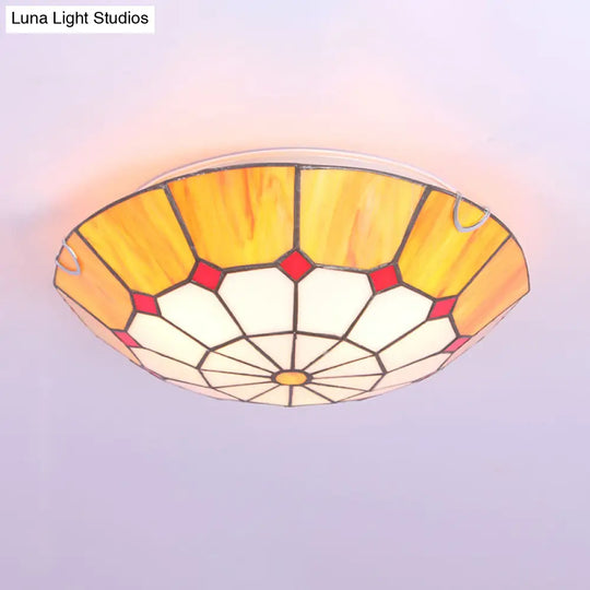Tiffany Dome Shade Led Flush Mount Lighting For Bedroom - Gridded Glass Fixture Yellow / 16’