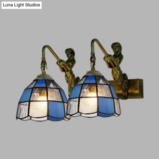 Tiffany Dome Vanity Sconce Light - 2 Head White/Blue Glass Wall Mount For Bathroom