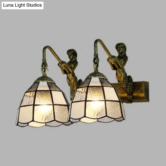 Tiffany Dome Vanity Sconce Light - 2 Head White/Blue Glass Wall Mount For Bathroom